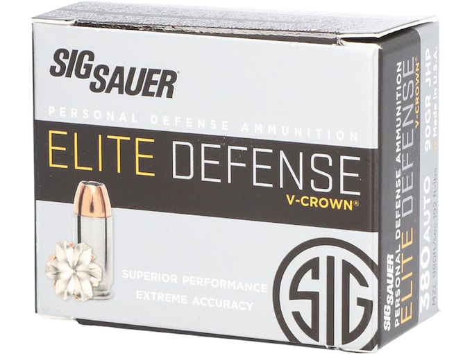 Sig Sauer Elite Performance 380 ACP Ammo 90 Grain Sig V-Crown Jacketed Hollow Point Box of 20